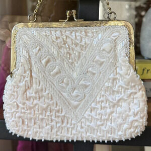 Vintage Mini Bag La Regale Beaded Sequined Evening Purse Gold Chain bride ivory